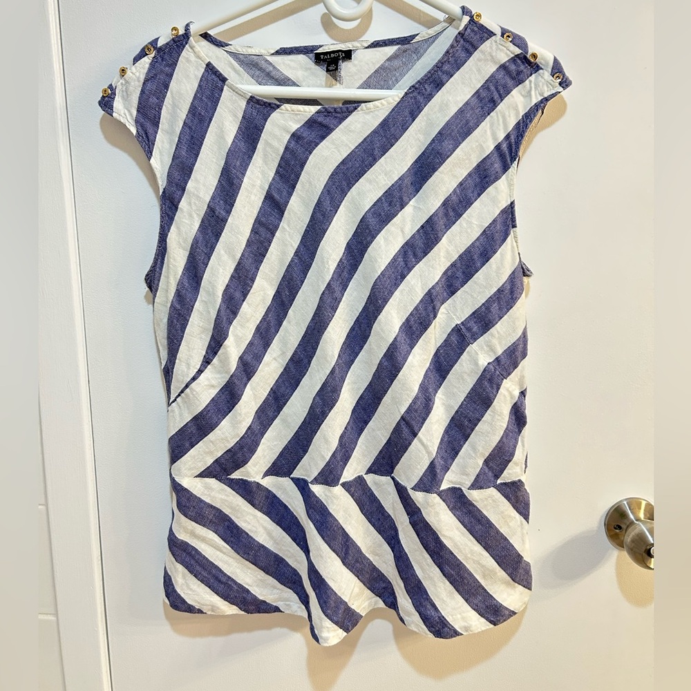 Talbots diagonal stripe linen Peplum Blouse White and Blue